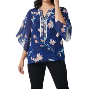 BELLE BY KIM GRAVEL QVC Navy Sheer Magnolia Print Double Layered Boho Blouse 3X